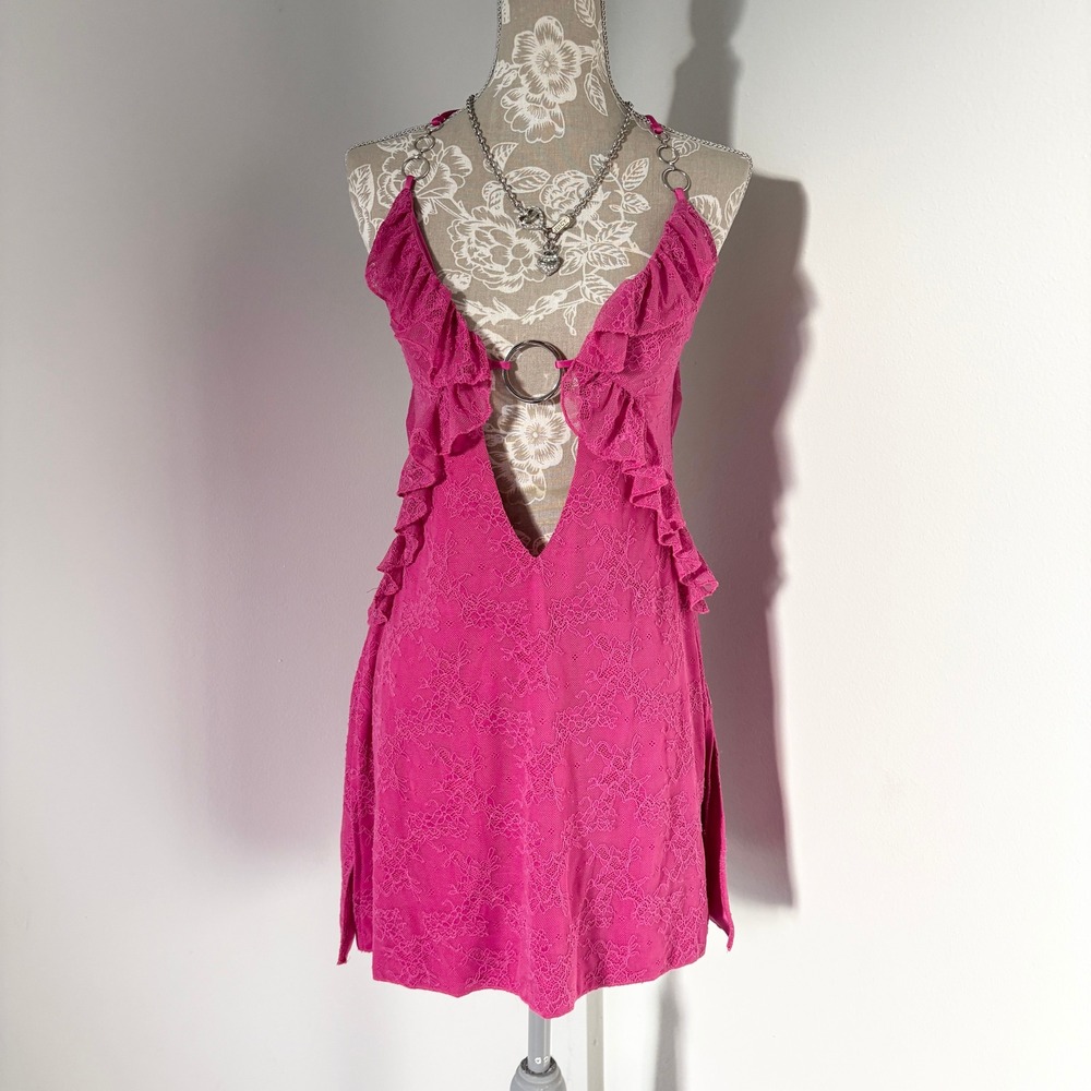 Hot Pink Floral Lace Ruffle Mini Dress Open Back Strappy XS S